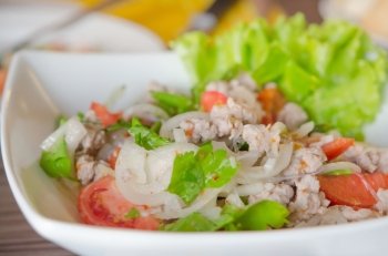 spicy  salad with  minced pork ,  vermicelli , chili and fresh vegetable , Thai style food