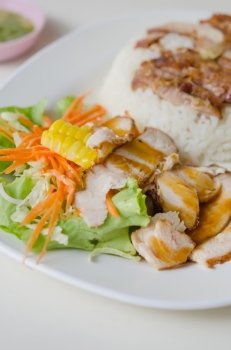 sliced pork tenderloin with fresh salad served with steamed rice. pork and rice