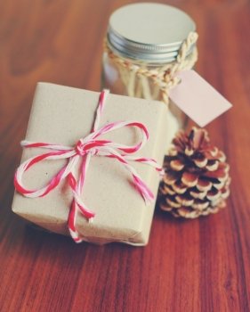 Handmade gift box and jar for present with retro filter effect
