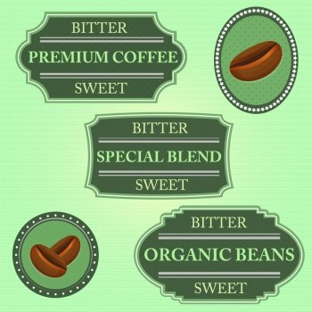 Set of bitter sweet coffee on green badge, stock vector