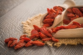 Goji berries on a wooden spoons, wooden background