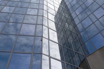 Glass facade of an office building in Scheveningen, Netherlands.