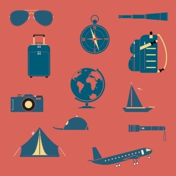 Travel and tourism icon set. Each icon is a single object.Flat style. Travel