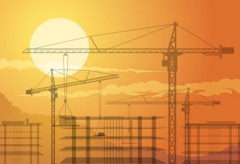 Illustration of cranes in house building area. 
