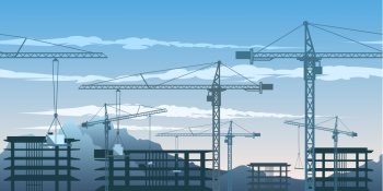 Seamless horizontal pattern with building yard and cranes.