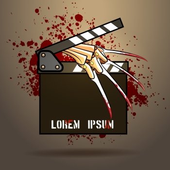 Clapperboard with razor glove against blood splashes. Scary or horror movie event design template.Only free font used.