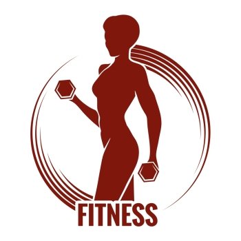 Fitness logo or emblem with muscled woman silhouettes. Woman holds dumbbells. Only free font used.