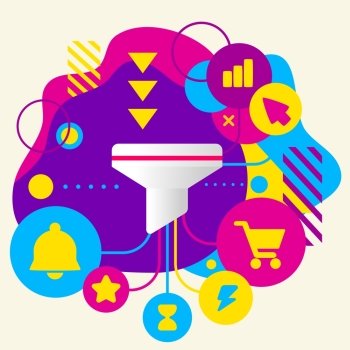 Funnel on abstract colorful spotted background with different icons and elements. Flat design for the web, interface, print, banner, advertising.