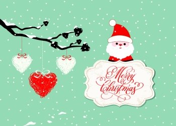 Merry christmas card with santa claus and hearts