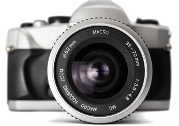 closeup of an analog camera silver. view from the front