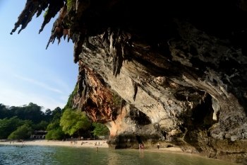 The Hat Phra Nang Beach at Railay near Ao Nang outside of the City of Krabi on the Andaman Sea in the south of Thailand. . THAILAND