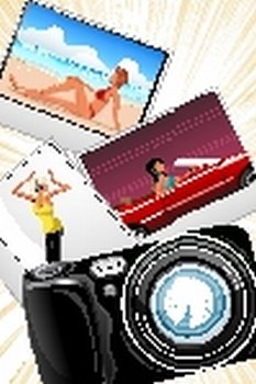 illustration of camera with photo on floral background