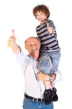 Thumbs-up pair of grandfather and grandson isolated on white background.