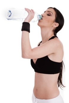 fitness woman drinking water on a white isolated background