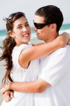 Portrait of Romantic couple hugging passionately at the beach,outdoor