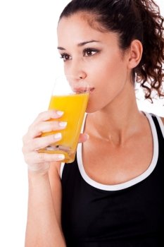 fitness girl drink a fresh juice,focus on girl on a white isolated background