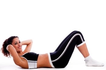 fitness woman doing exercise on a white isolated background