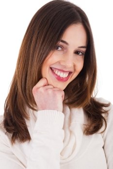 beautiful female model smiling on white background
