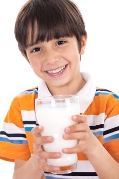 Happy kid holding a glass of milk on isoalted background