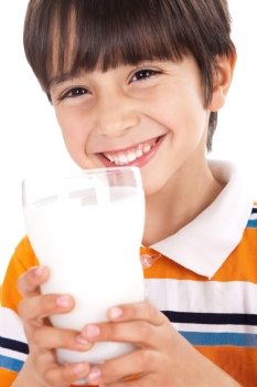 Happy kid drinking glass of milk on isoalted background