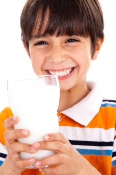 Young kid with glass of milk isoalted on white background