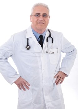 Smiling medical doctor with stethoscope in white background