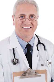Closeup portrait of senior doctor isolated on white background