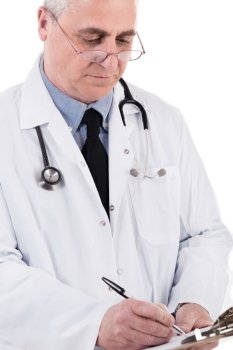 Doctor making his notes over white background