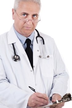 Doctor making his notes over white background