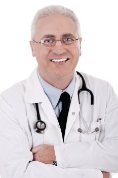 Closeup of happy male doctor smiling on white background