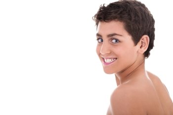 Topless young teenager smiling on white background