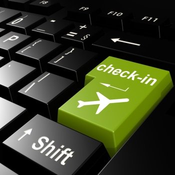 Online check in flight on green keyboard image with hi-res rendered artwork that could be used for any graphic design.. Online check in flight on green keyboard