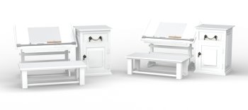 White drawing table with bench and cabinet set , clipping path included
