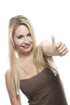 beautiful blonde woman showing thumbs up. beautiful blonde woman showing thumbs up on white background