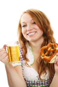 happy bavarian dressed girl with beer and pretzel. happy bavarian dressed girl with beer and pretzel on white background