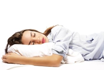 beautiful sleeping woman. beautiful sleeping woman in pajamas on white background