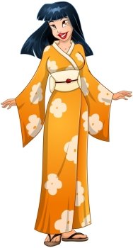 Vector illustration of an asian woman in traditional yellow green japanese kimono.
