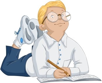 Vector illustration of a smart blond boy writing in a notebook.
