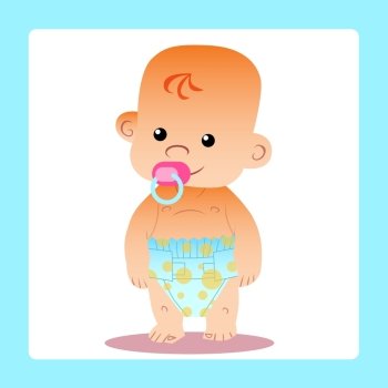 Happy baby with a pacifier in diapers. Happy baby with a pacifier in diapers stands and smiles