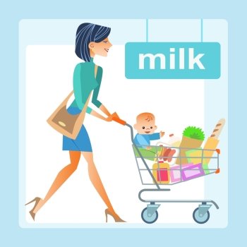 mom with the shopping cart with a baby in the store. In the cart the products and the boy, the milk section