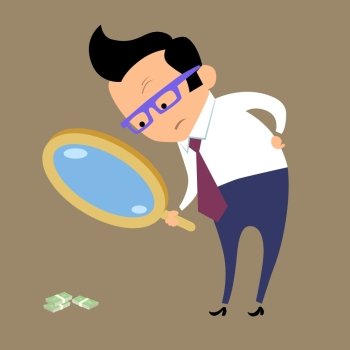Earnings Finance and business. Businessman looking for money in magnifying glass. Businessman looking for money in magnifying glass