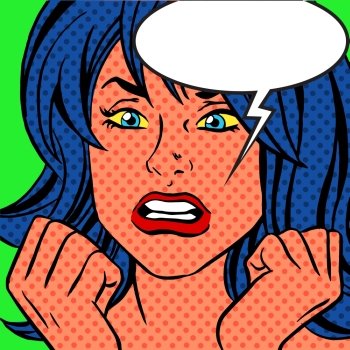 Girl in vintage style pop art with bubble for text. The woman yells. Retro comic book background. Pop art angry vintage woman comic bubble