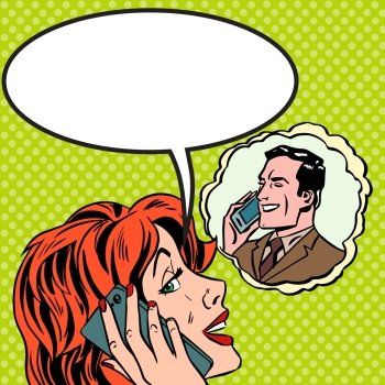 Pop art vintage comic. The woman speaks to the man on the phone. Retro style. Bubble for text. Technology and relationships. Woman man phone talk Pop art vintage comic