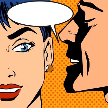 Pop art vintage comic. The man whispers to the girl. Cloud for the text. Gossip and rumors talk about love. Retro style. man whispers girl Pop art vintage comic