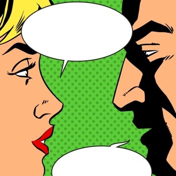 Man and woman talking comics retro style. Bubbles for text. The theme of love, relationships and communication. Imitation bitmap effect