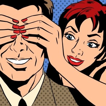Flirt woman who is closed the man eyes comics retro style pop art. The theme of love, relationships and communication. Imitation bitmap effect