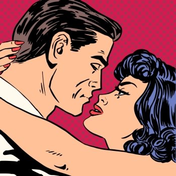 Kiss love movie romance heroes lovers man and woman pop art comics retro style Halftone. Imitation of old illustrations. Actors during love scenes.. Kiss love movie romance heroes lovers man and woman pop art comi