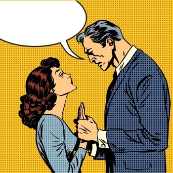 The husband and wife lovers have a serious talk love conflict pop art comics retro style Halftone. Imitation of old illustrations. Bubble for text. husband and wife lovers serious talk love conflict pop art comic