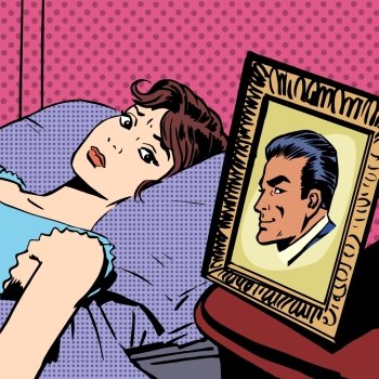 The woman in the bed next photo men wife husband pop art comics retro style Halftone. Imitation of old illustrations. Anxiety, sadness emotions