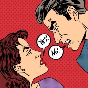 Angry quarrel male female Yes no pop art comics retro style Halftone. Angry quarrel male female Yes no pop art comics retro style Halftone. Imitation of old illustrations